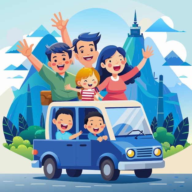 Vector illustration of a cheerful cartoon big thai family enjoying a road trip in their blue car with