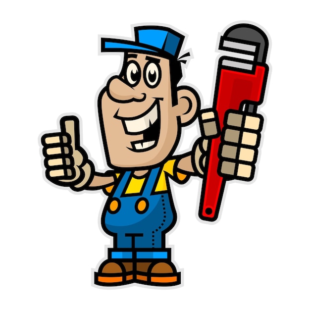 Illustration cheerful plumber holding pipe wrench, format EPS 10