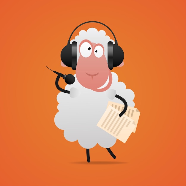 Illustration, cheerful sheep in headphones singing in microphone, format EPS 10