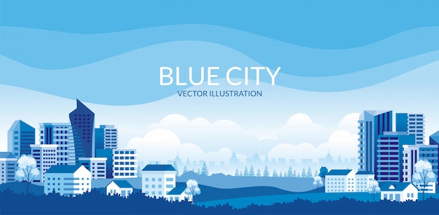 Illustration of City landscape with blue color theme.