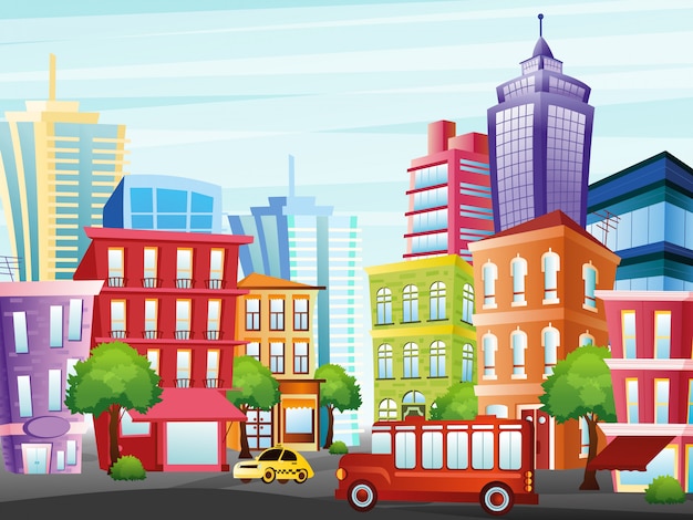 Vector illustration of city street with funny colorful buildings, skyscrapers, trees, taxi and bus on light sky background in flat cartoon style.