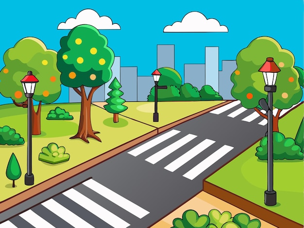 Vector illustration of a city street with trees and a sign that says trees