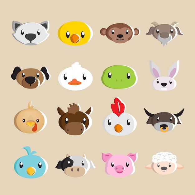 Vector illustration of a collection of various 16 cute farm animal heads for stickers