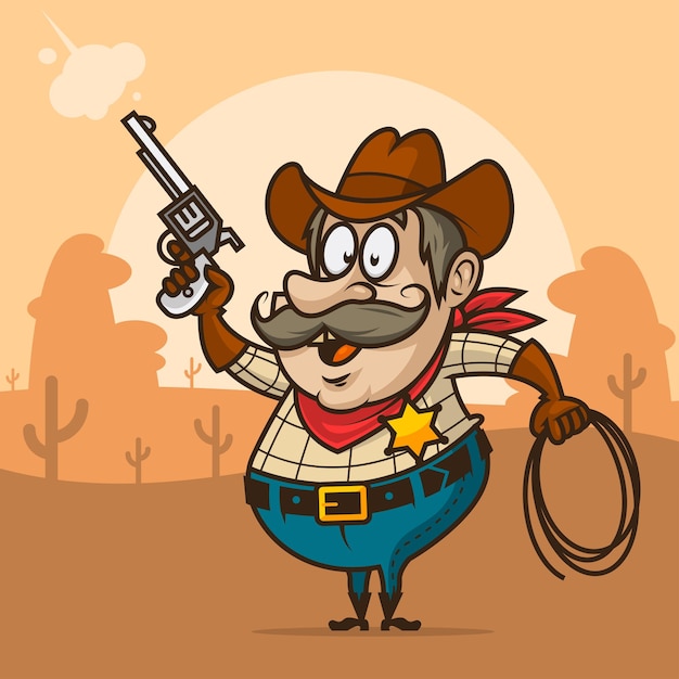 Illustration, cowboy sheriff shoots from pistol and smiling, format EPS 10