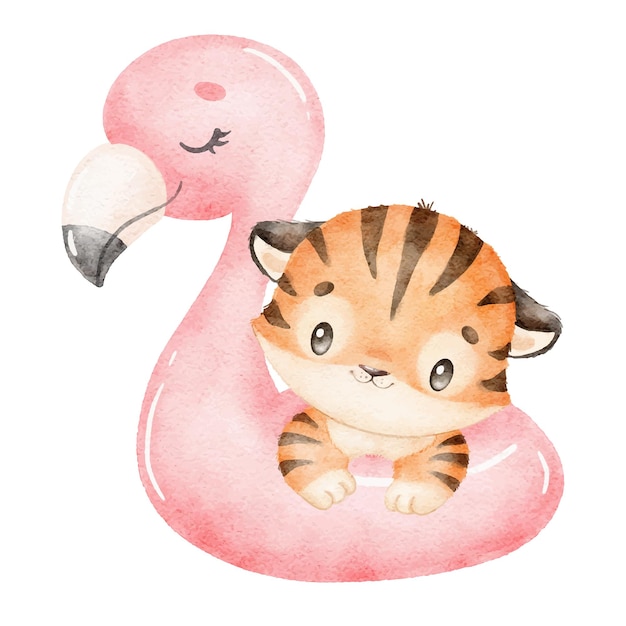 Illustration of a cute cartoon tiger isolated on a white background Little cute watercolor animals