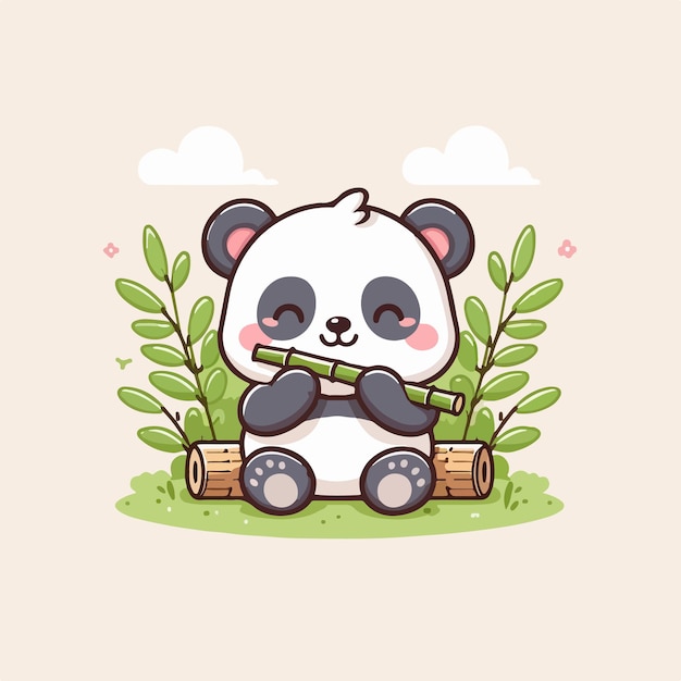 Vector illustration of cute panda playing with bamboo