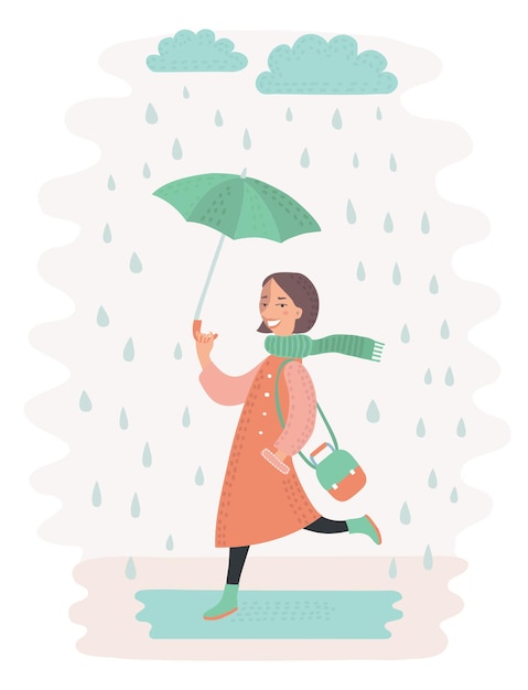 Vector illustration of cute young woman walking in the rain with umbrella