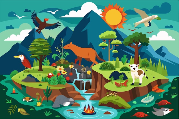 Vector an illustration depicts the impact of biodiversity loss through various plants and animals in a lush environment biodiversity loss illustration