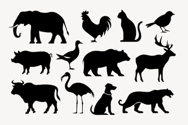 Vector illustration diverse animals silhouettes set