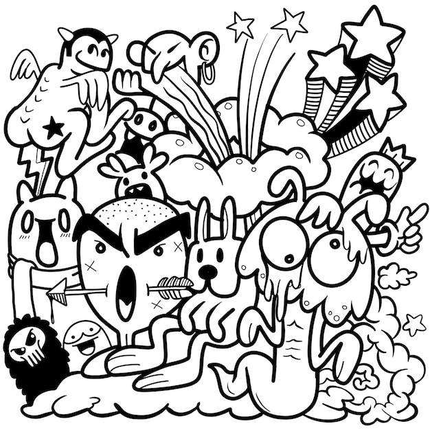 Vector illustration of doodle cute monster background hand drawing doodle