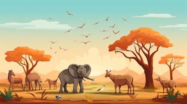 Vector an illustration of an elephant and a forest with birds and birds