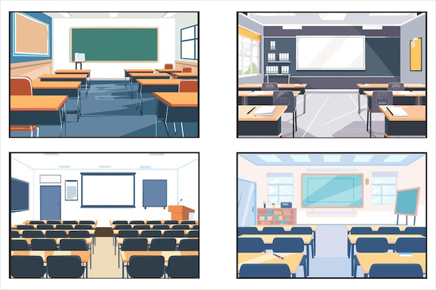 Vector illustration of an empty elementary classroom with a blackboard chalkboard wooden desk chair and