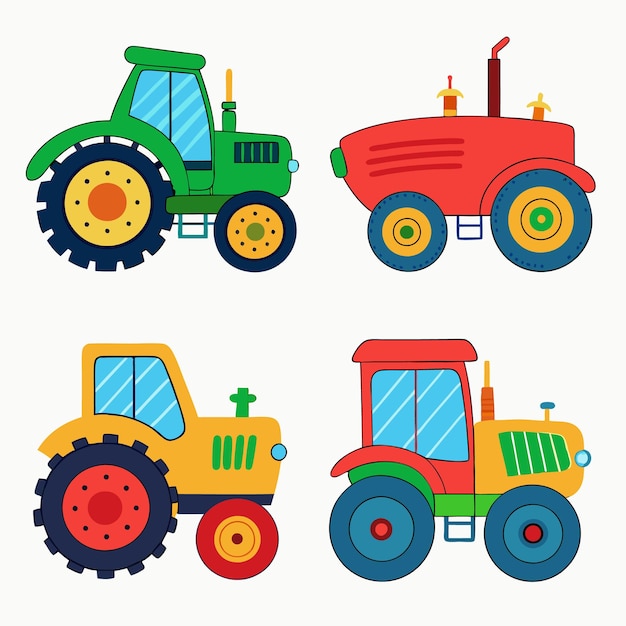 Vector an illustration of four cartoon tractors green red yellow and redyellow the tractors have large wheels and detailed features with different colours and styles