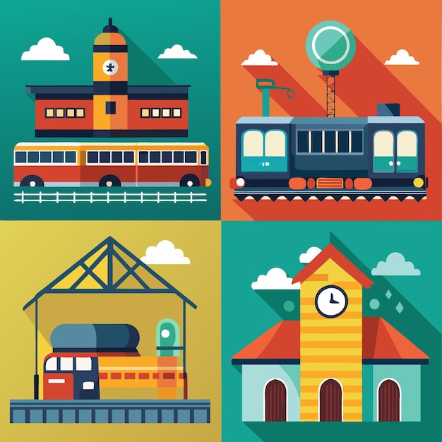 Vector illustration of four cartoon train stations with trains buses and clock tower