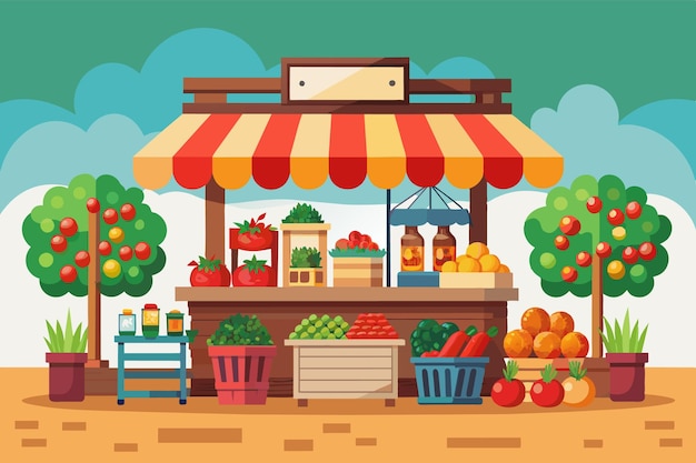 Vector an illustration of a fruit and vegetable stall with various produce on display including tomatoes oranges peppers and green vegetables