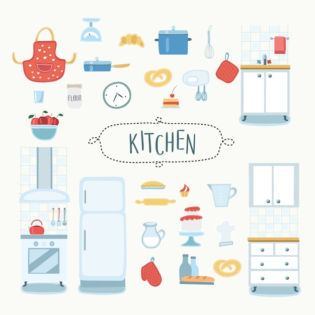  illustration of funny kitchen, interior and cooking tools and elements set