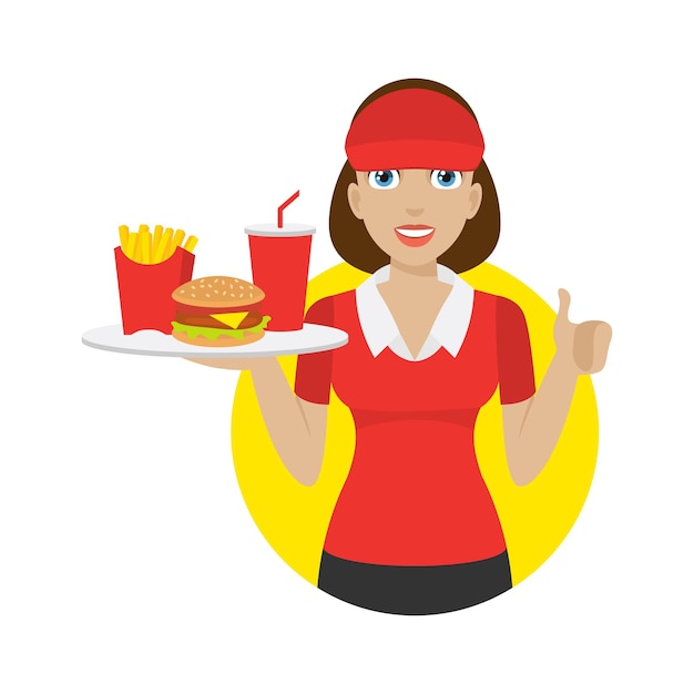 Illustration girl holds tray with fast food, format EPS 10