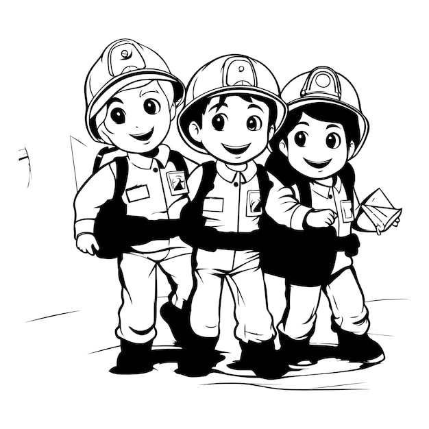 Illustration of a group of children in firefighter uniform holding a letter