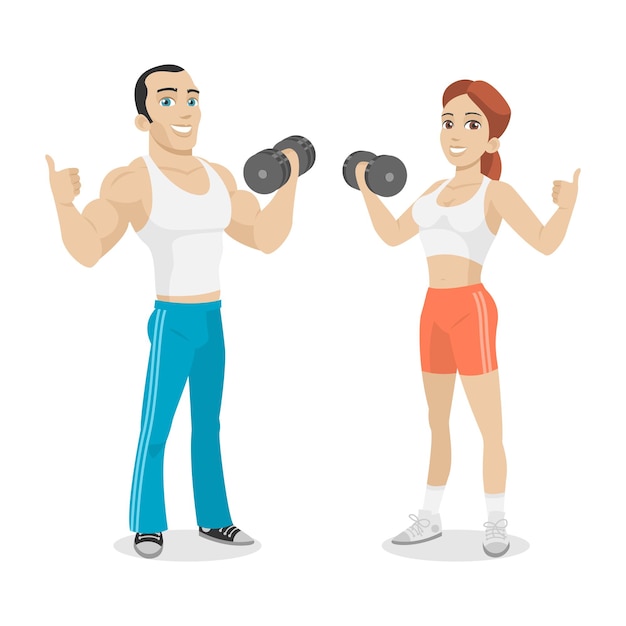 Illustration guy and girl hold in dumbbell hand, format EPS 10