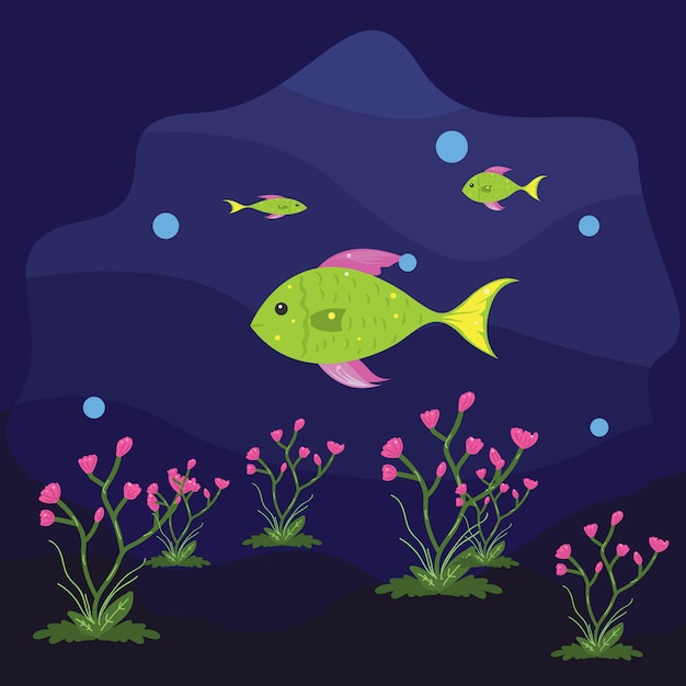 Illustration of happy fishes in the ocean