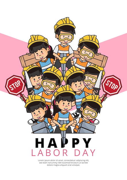 Vector illustration of happy laboy day poster with construction workers collection with different activities
