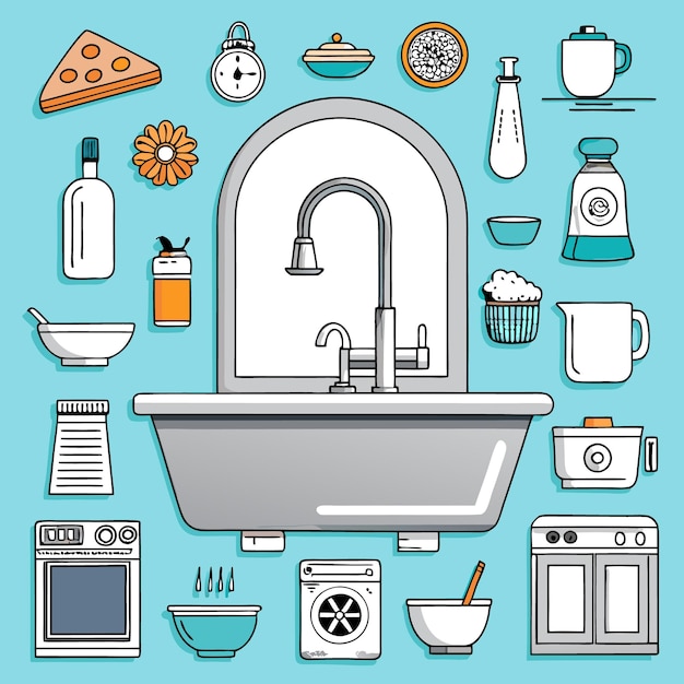 Vector illustration of kitchen and bathroom appliances and utensils on blue background