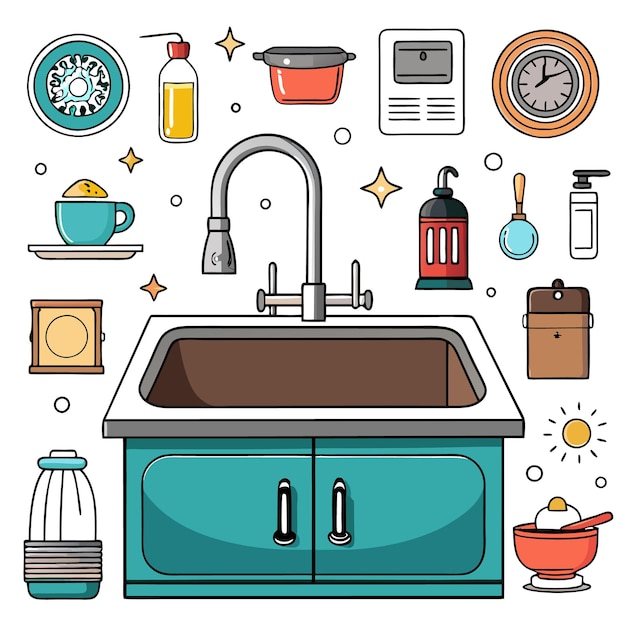 Vector illustration of a kitchen sink with various kitchen utensils and appliances around it