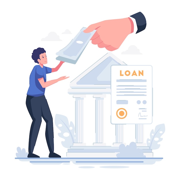 Vector illustration of a man successfully withdrawing loan money applied for with a monthly installment sys