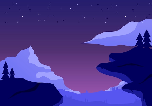 Illustration of mountain and cliff landscape of rock peak at night