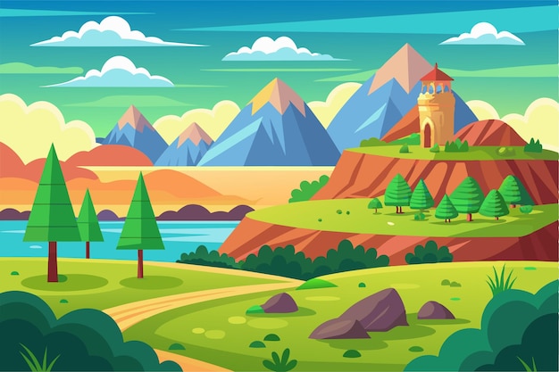 Vector an illustration of a mountainous landscape with a tower on a cliff overlooking a river and trees landscape mode customizable semi flat illustration