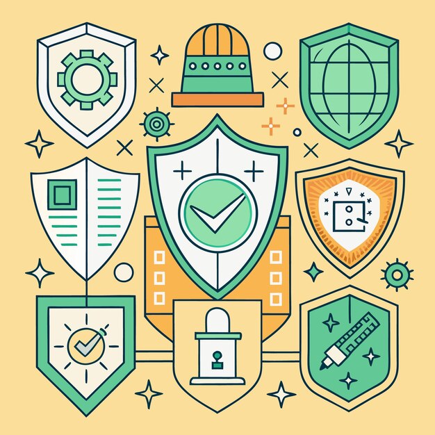 Vector illustration of multiple shields with different security icons