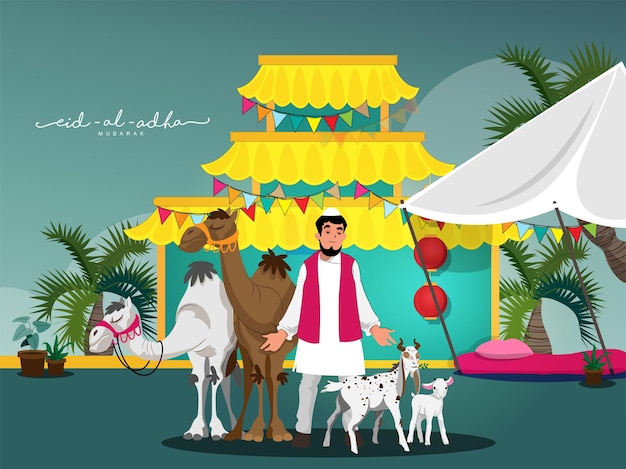 Illustration Of Muslim Man Standing With Animals, Palm Trees And Forbidden City For Eid-Al-Adha Mubarak.