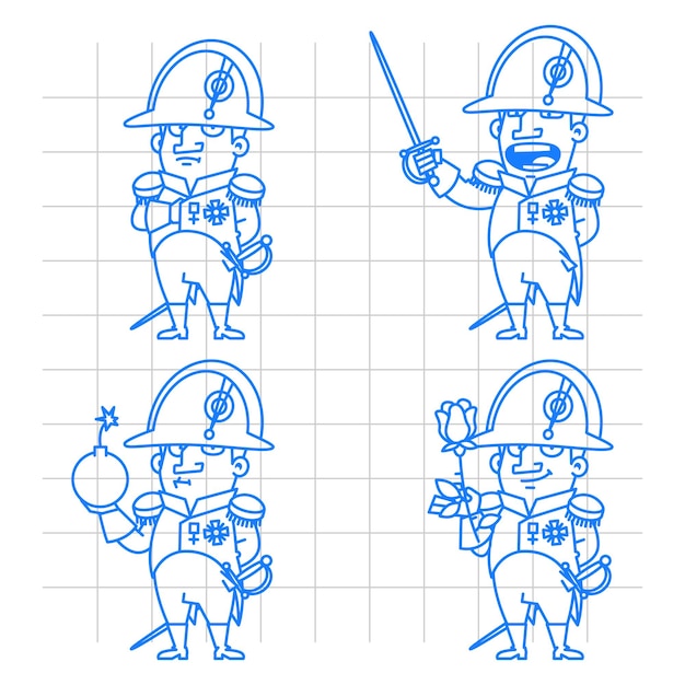 Illustration, Napoleon Bonaparte character in various poses doodle, format EPS 10