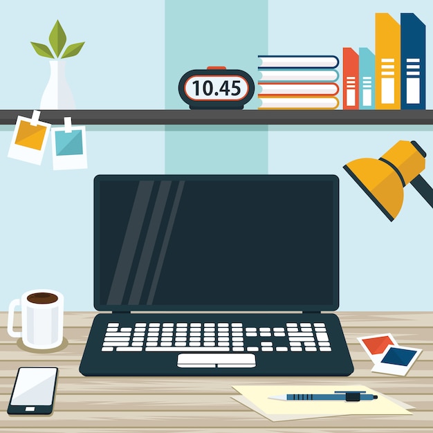 Illustration of Office Workspace Table Computer Business Flat Design