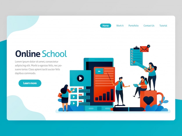 Vector  illustration for online school landing page. mobile apps for education and learning. video tutorial, online classroom, webinar lesson, distance learning