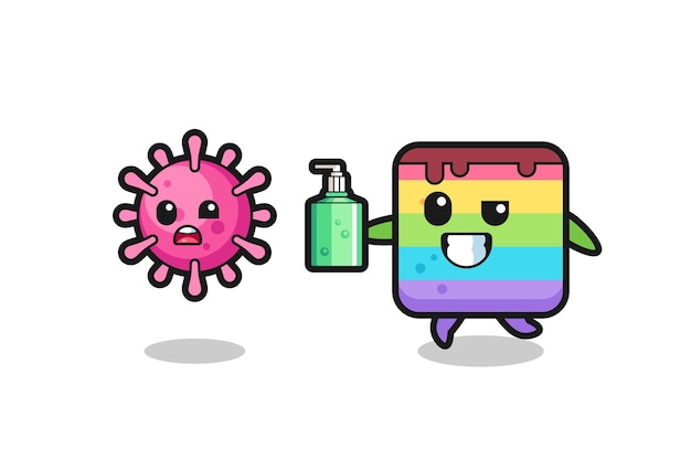 Illustration of rainbow cake character chasing evil virus with hand sanitizer , cute style design for t shirt, sticker, logo element