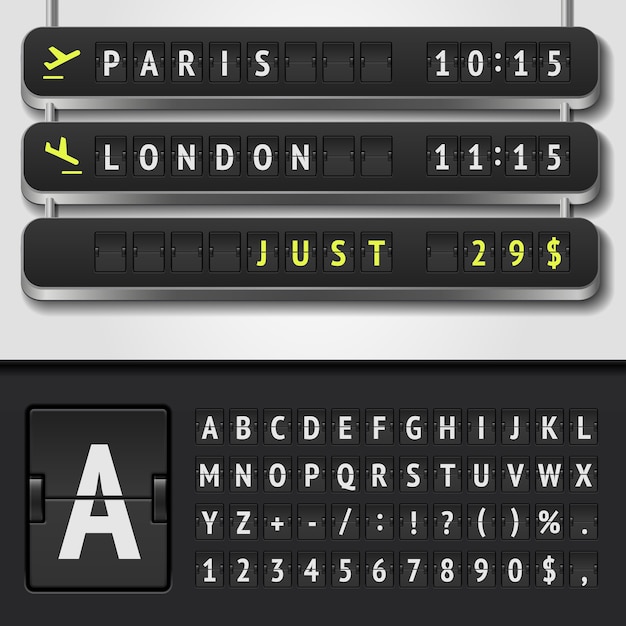  illustration of realistic airport timetable and scoreboard alphabet