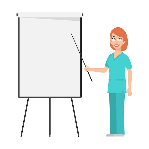 Illustration, redhead nurse points to flip chart, format EPS 10