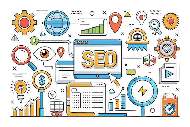 Vector illustration of seo with various icons representing elements of search engine optimization