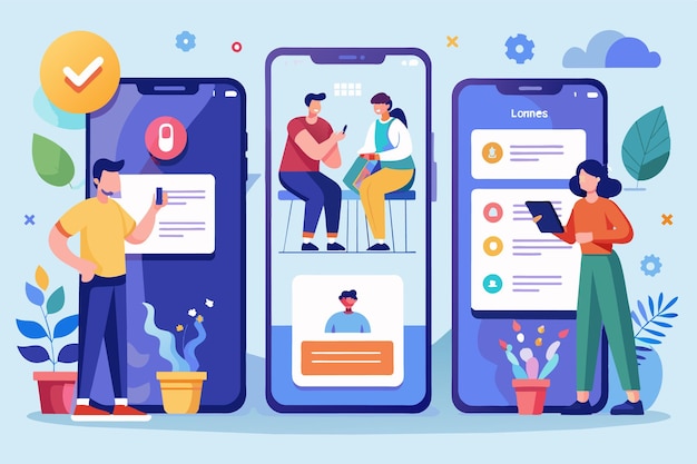 Vector an illustration showcasing three different mobile app screens with people interacting with their phones each screen displays different features and functionality