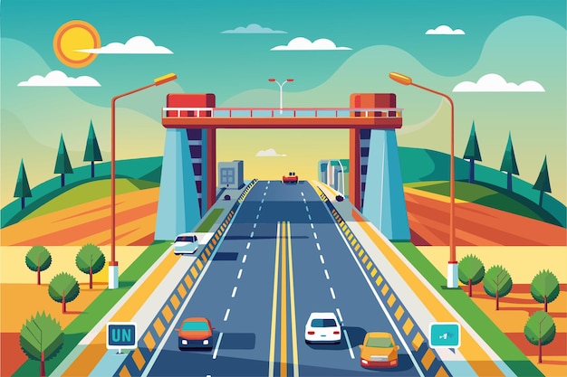 Vector illustration showing a highway passing beneath a bridge structure creating an intersection of roadways toll road customizable disproportionate illustration