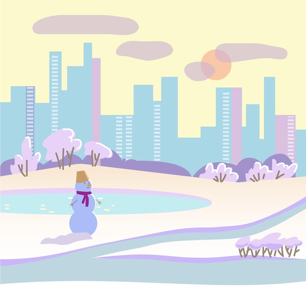 Vector illustration of a snowy city landscape with big building