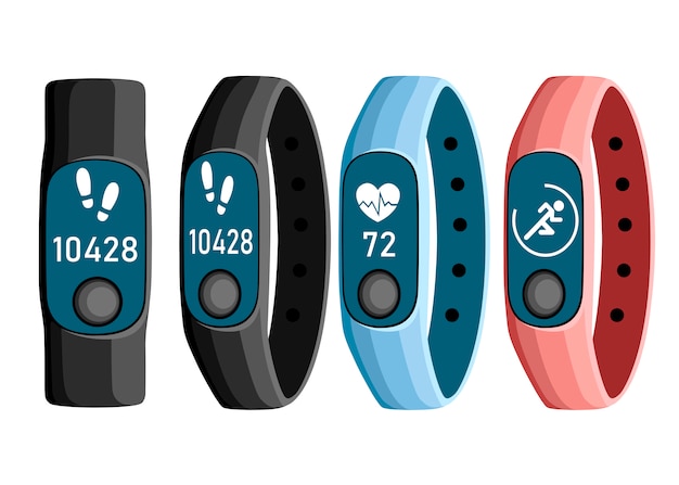 Vector  illustration of sport accessories. collection of smart band.   wristband with running activity steps counter and heartbeat pulse meter. sport bracelet with button