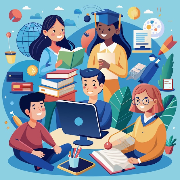 illustration of students and teachers s tudying online