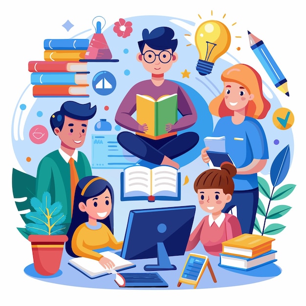 Vector illustration of students and teachers s tudying online