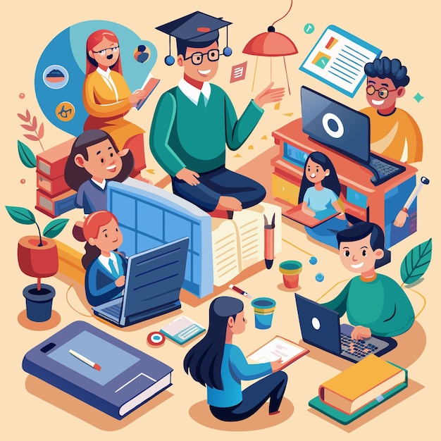 illustration of students and teachers s tudying online