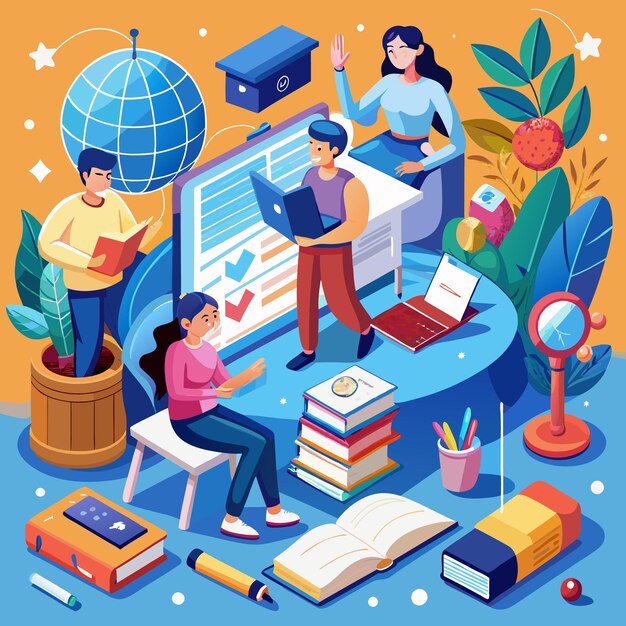 Vector illustration of students and teachers s tudying online