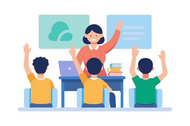 Vector illustration of a teacher with students raising hands in classroom setting