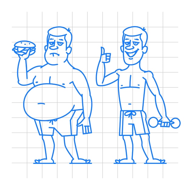 Illustration, thick and thin man characters doodle, format EPS 10