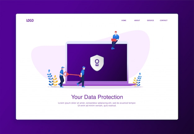 Illustration of two men carry the key to unlock data security on laptop . Modern flat design concept, landing page template.